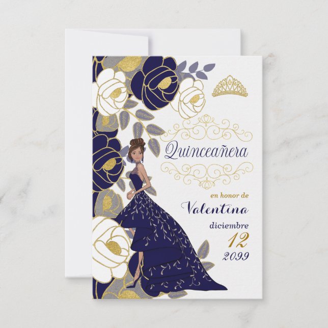 Spanish Save the Date Blue Quinceanera No Photo (Front)