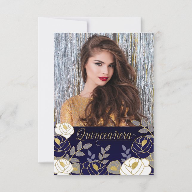 Spanish Save the Date Navy Blue Quinceanera Floral (Back)