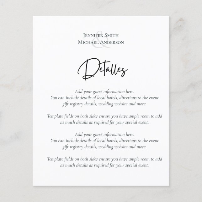 Spanish Script Wedding Detalles Template Enclosure (Front)