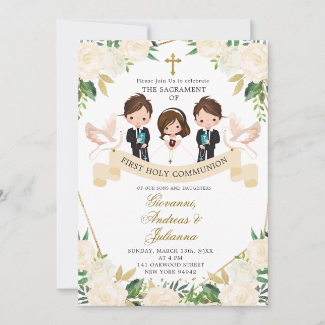 Spanish Sibling Boys Girl First Holy Communion Inv Invitation (Front)