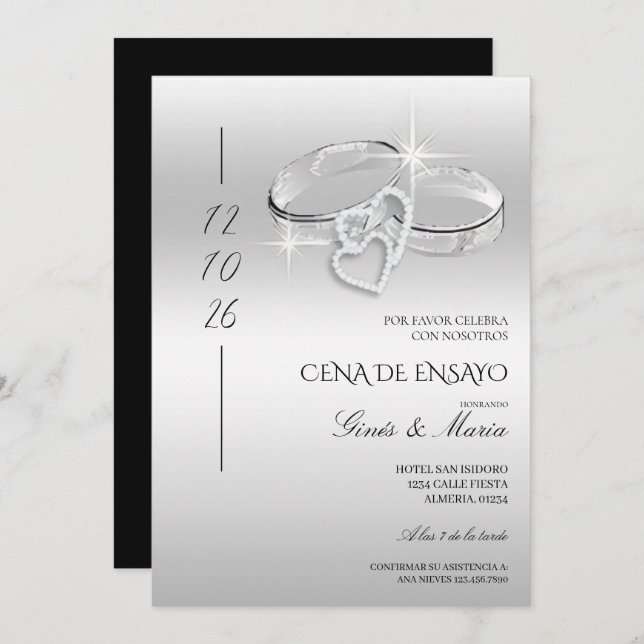 Spanish Silver Wedding Rings Rehearsal Dinner Invitation (Front/Back)