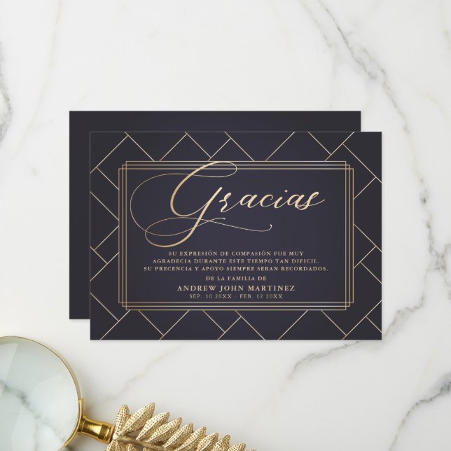 Spanish Soft Black & Gold Calligraphy Funeral Thank You Card (Front/Back In Situ)