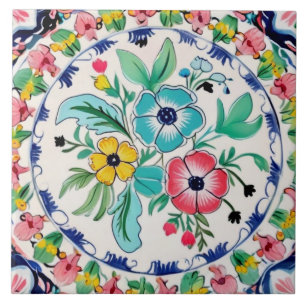 Spanish Summer Colourful Floral Pink & Blue Flower Tile
