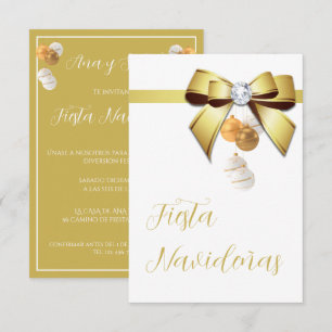 Spanish Text Baubles & Gem Bow Christmas Party Invitation
