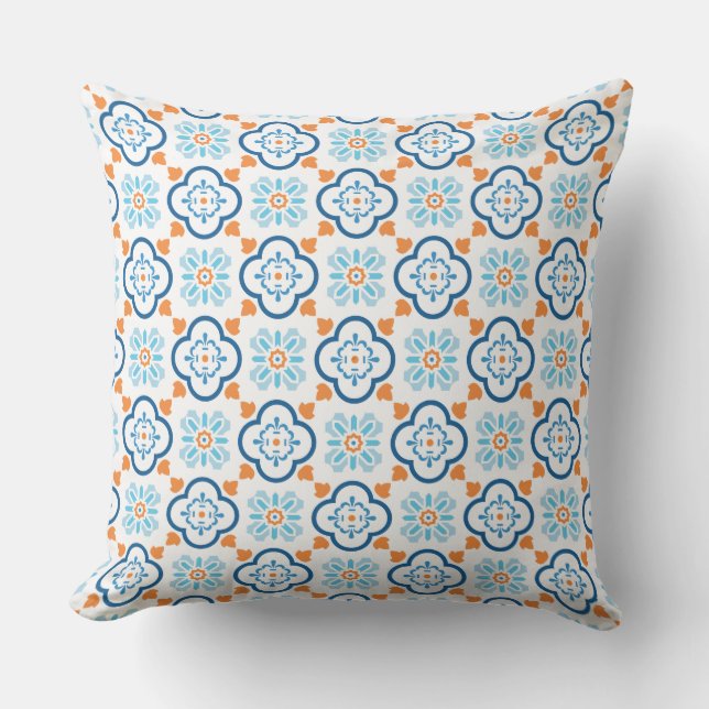 Spanish Tile Mediterranean Blue Orange White Outdo Outdoor Pillow (Front)