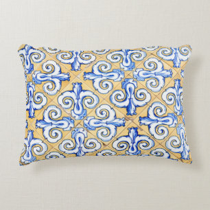 Spanish Tiles - Azulejo Blue, Yellow and White Accent Pillow