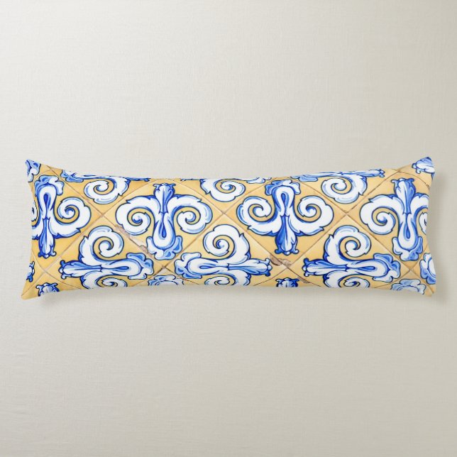 Spanish Tiles - Azulejo Blue, Yellow and White Body Pillow (Front)
