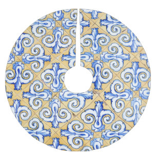 Spanish Tiles - Azulejo Blue, Yellow and White Brushed Polyester Tree Skirt