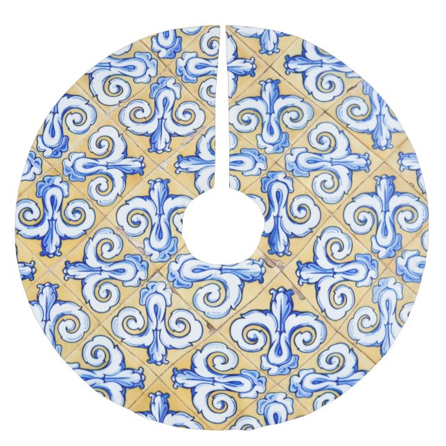 Spanish Tiles - Azulejo Blue, Yellow and White Brushed Polyester Tree Skirt (Front)
