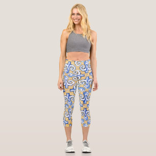 Spanish Tiles - Azulejo Blue, Yellow and White Capri Leggings