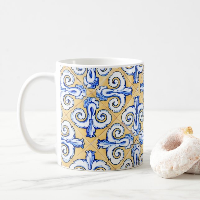 Spanish Tiles - Azulejo Blue, Yellow and White Coffee Mug (With Donut)