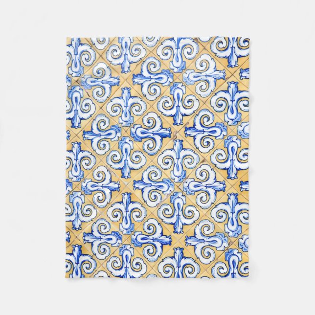 Spanish Tiles - Azulejo Blue, Yellow and White Fleece Blanket (Front)