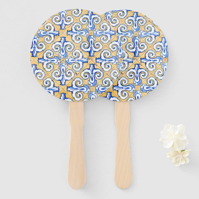 Spanish Tiles - Azulejo Blue, Yellow and White Hand Fan (Front and Back)