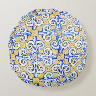 Spanish Tiles - Azulejo Blue, Yellow and White Round Pillow