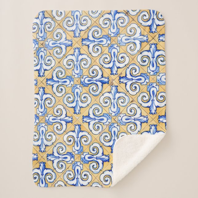Spanish Tiles - Azulejo Blue, Yellow and White Sherpa Blanket (Front)