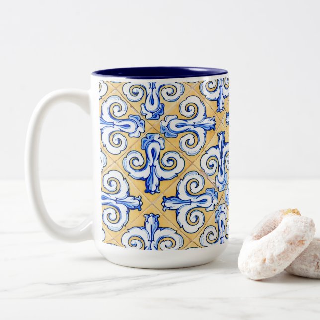 Spanish Tiles - Azulejo Blue, Yellow and White Two-Tone Coffee Mug (With Donut)