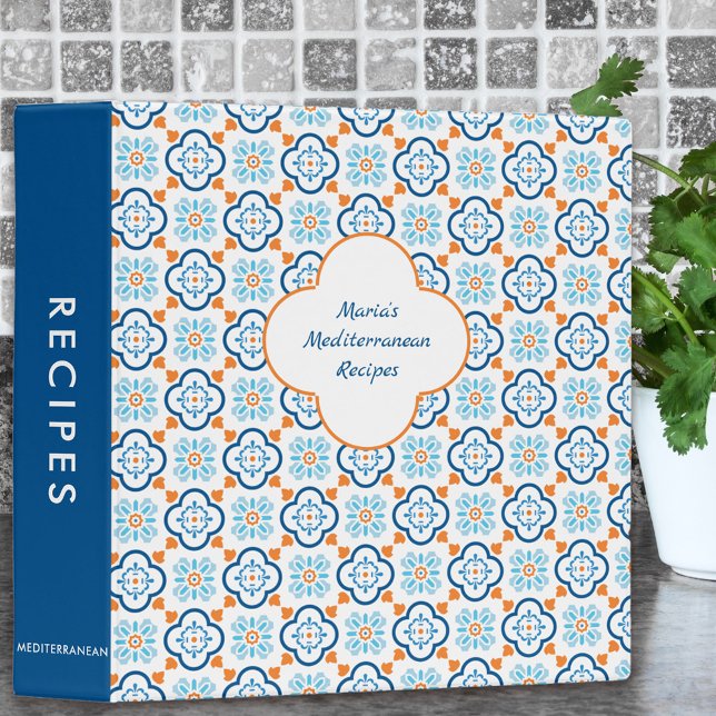 Spanish Tiles Blue and Orange Mediterranean Recipe Binder (Mediterranean tiled pattern in cheerful blue orange and white)