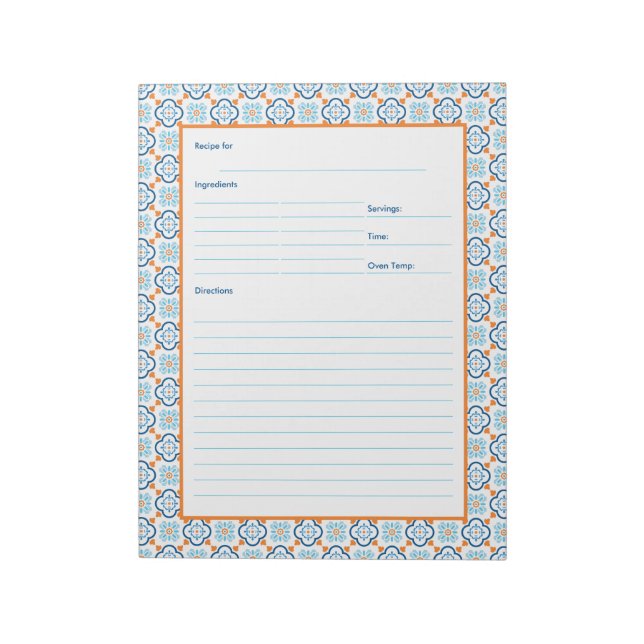 Spanish Tiles Blue and Orange Mediterranean Recipe Notepad (Rotated)