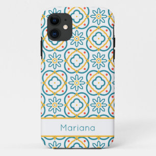 Spanish Tiles Blue Yellow and White Personalized iPhone 11 Case