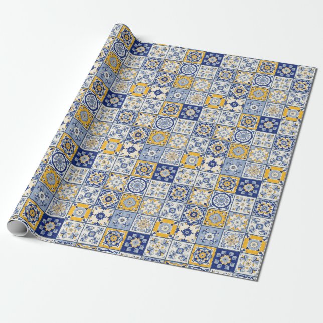 Spanish Tiles Watercolor Wrapping Paper (Unrolled)