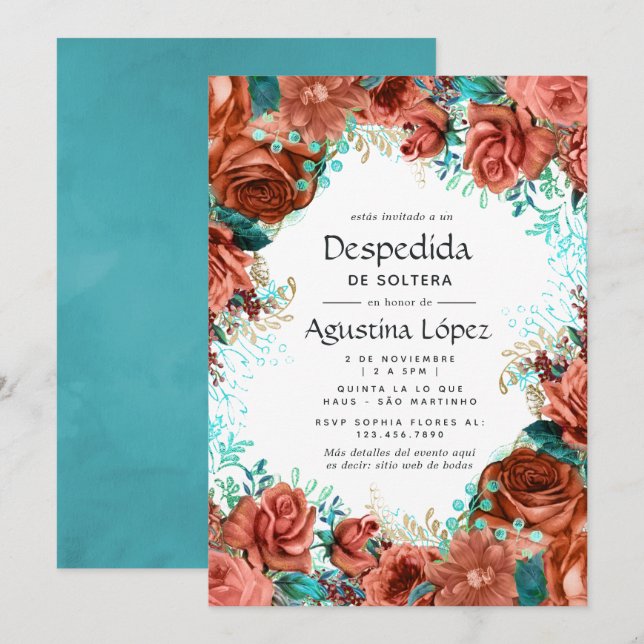 Spanish Turquoise and Coral Floral Bachelorette Invitation (Front/Back)