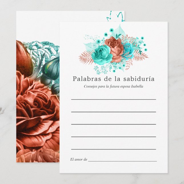 Spanish Turquoise and Coral Floral Bridal Advice Card (Front/Back)
