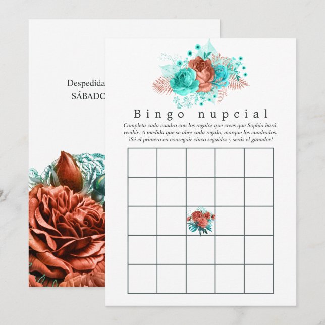 Spanish Turquoise and Coral Floral Bridal Bingo (Front/Back)