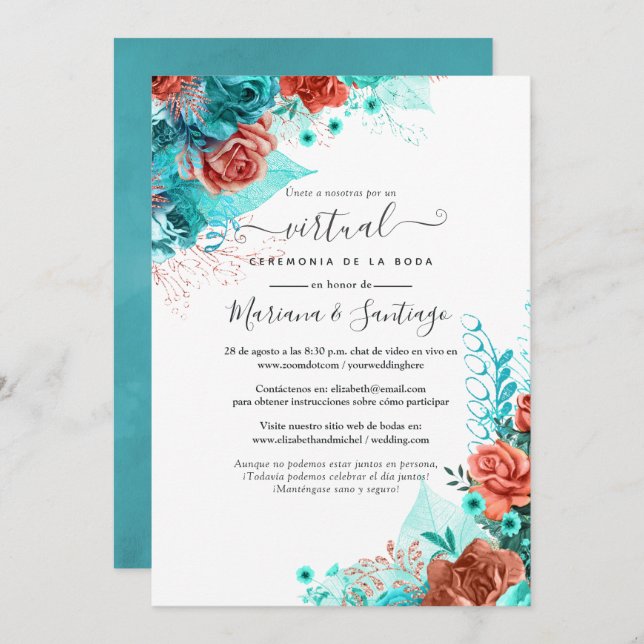 Spanish Turquoise and Coral Floral Virtual Wedding Invitation (Front/Back)