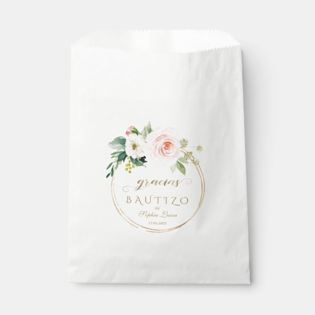 Spanish Unique Pink Blush Floral Gold Bautizo Favour Bag (Front)