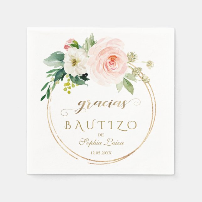 Spanish Unique Pink Blush Floral Gold Bautizo Napkin (Front)