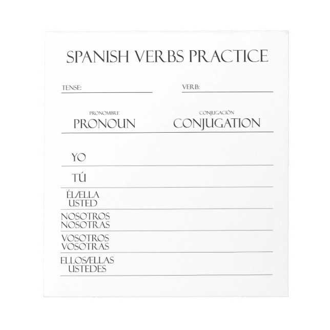 Spanish | Verbs Conjugation Practice Notepad (Front)