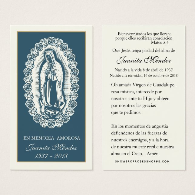 Spanish Virgin Mary Roses Funeral Prayer Card (Front & Back)