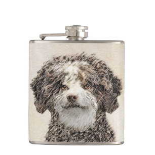 Spanish Water Dog Painting - Cute Original Dog Art Hip Flask