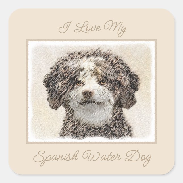 Spanish Water Dog Painting - Cute Original Dog Art Square Sticker (Front)