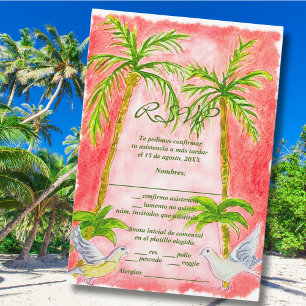 Spanish, Watercolor Paint Tropical Coral RSVP Card