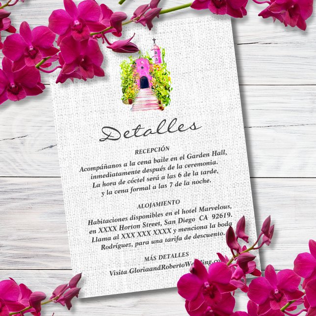 Spanish, Watercolor Pink Chapel Wedding Details  Thank You Card (Creator Uploaded)