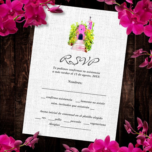 Spanish, Watercolor Pink Chapel Wedding RSVP Card (Creator Uploaded)