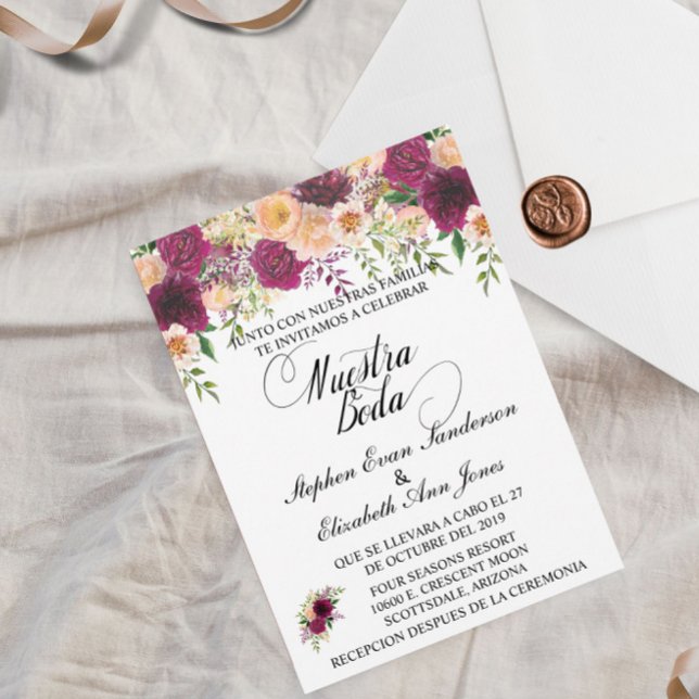 Spanish Wedding Burgundy Rosa Blush Floral Invitation (Creator Uploaded)
