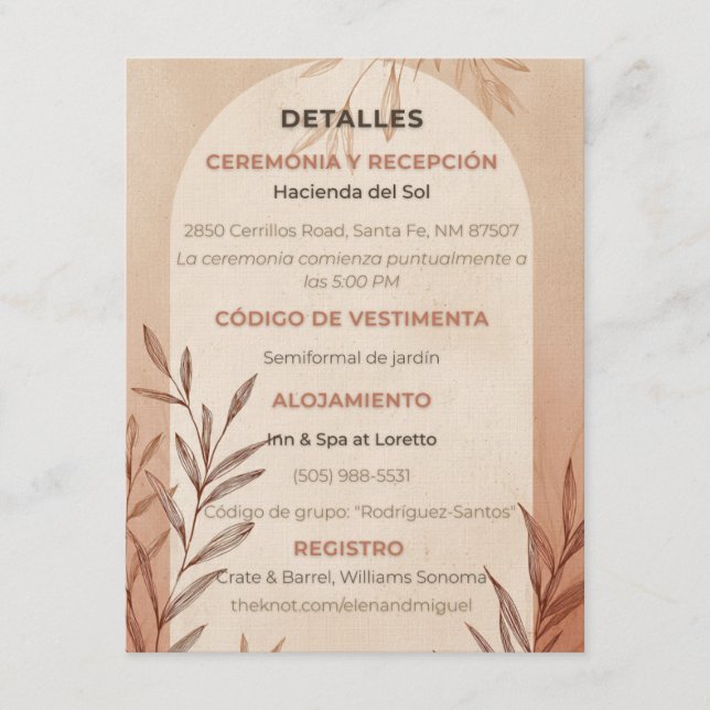 Spanish Wedding Details Card Terracotta Arch (Front)