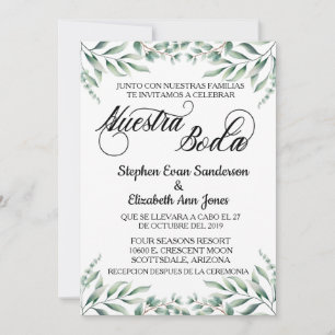 Spanish Wedding Eucalyptus Leaves Nuestra Boda  Invitation