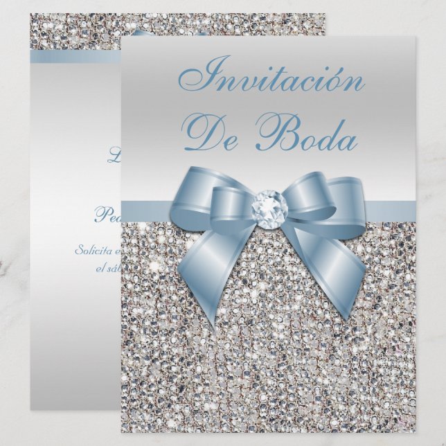 Spanish Wedding Faux Silver Sequin Dusty Blue Bow  Invitation (Front/Back)