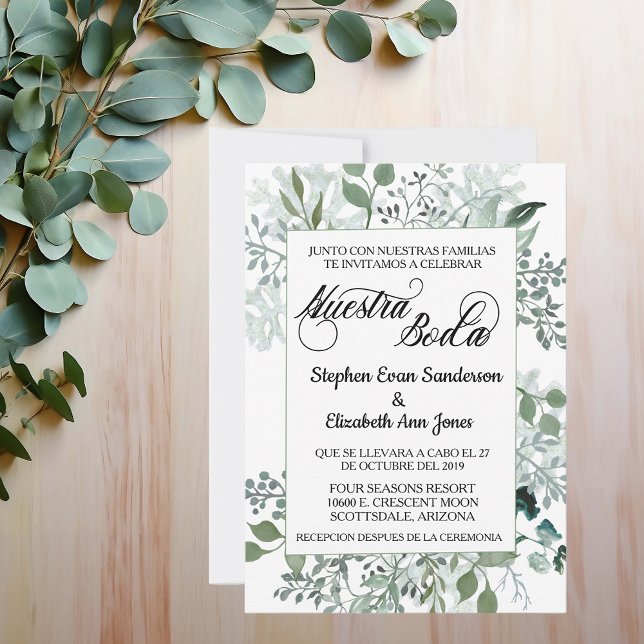 Spanish Wedding Greenery Leaves Nuestra Boda Invitation (Creator Uploaded)