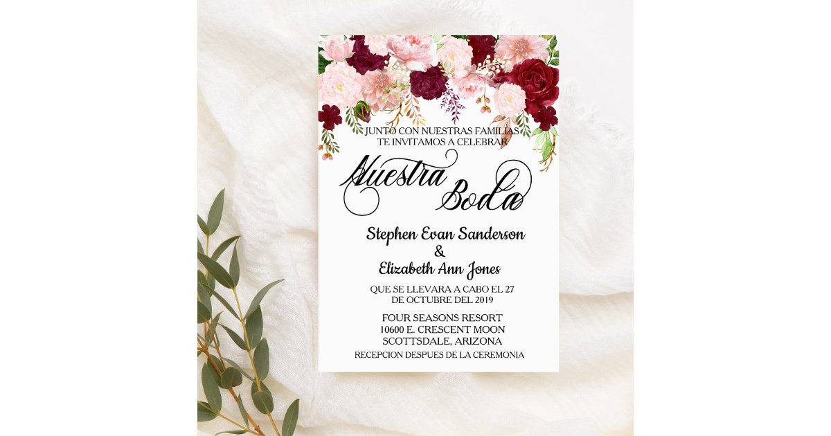 Spanish Wedding Rose Burgundy Pink Nuestra Boda Invitation Zazzle
