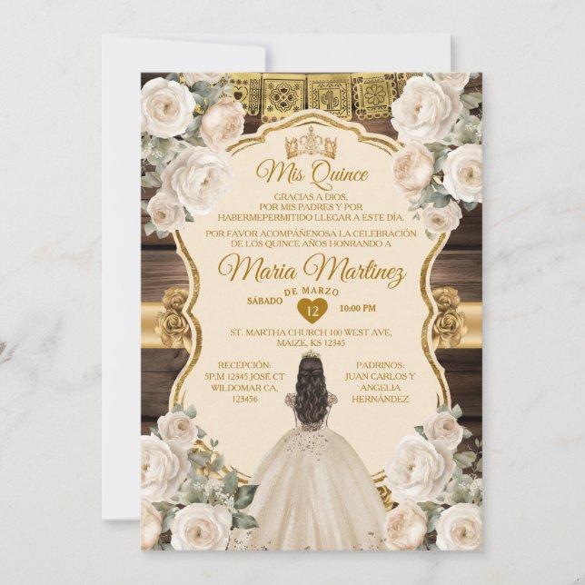 Spanish White Cream Floral Wood Mis Quince Invitation (Front)