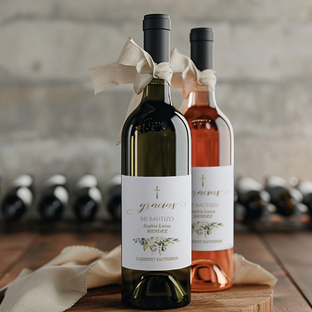 Spanish White Flowers Gracias Calligraphy Bautizo Wine Label (Creator Uploaded)