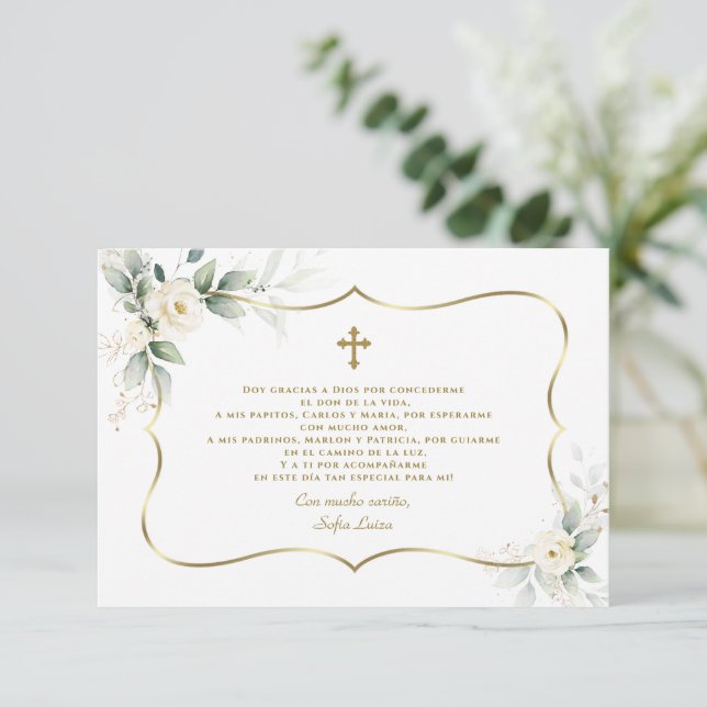Spanish White Flowers Gracias Con Oración Bautizo  Thank You Card (Standing Front)