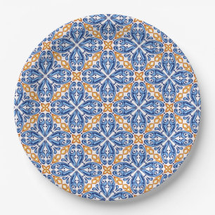 Spanish Yellow Blue Tile mediterranean wedding Paper Plate