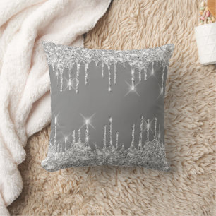 Spark Drips Glitter Effect Smoky Grey Silver Grey Throw Pillow