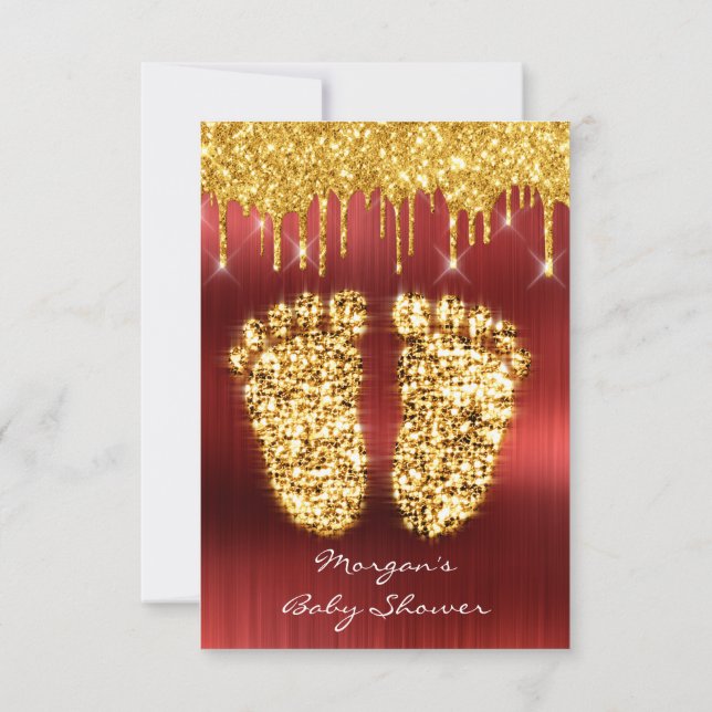Spark Drips Gold Royal Red Baby Shower Feet Boy Invitation (Back)