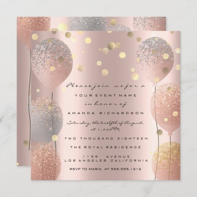Spark Glitter Balloon Rose Gold  Bridal Sweet 16th Invitation (Front/Back)